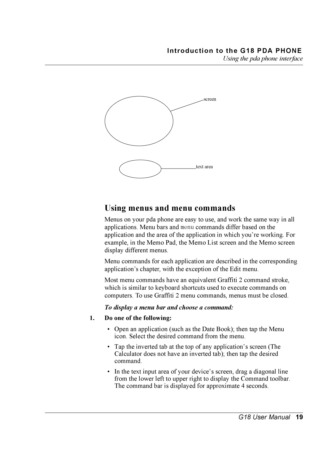 Palm G18 user manual Using menus and menu commands, To display a menu bar and choose a command 