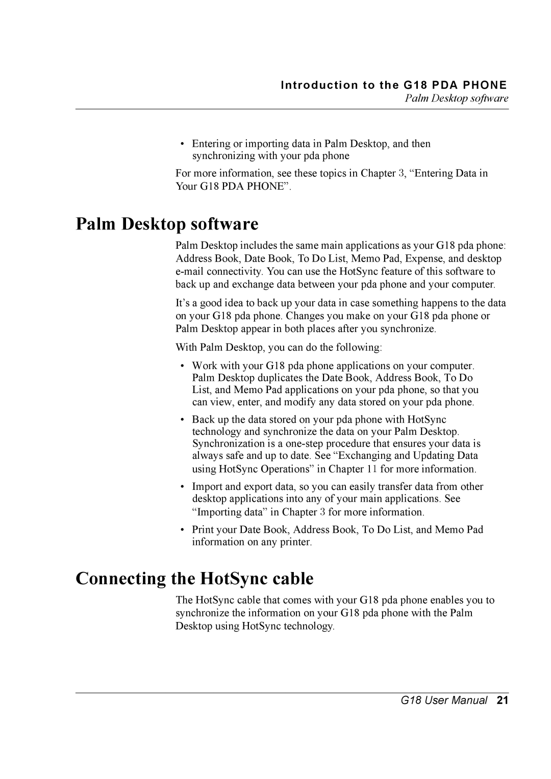 Palm G18 user manual Palm Desktop software, Connecting the HotSync cable 