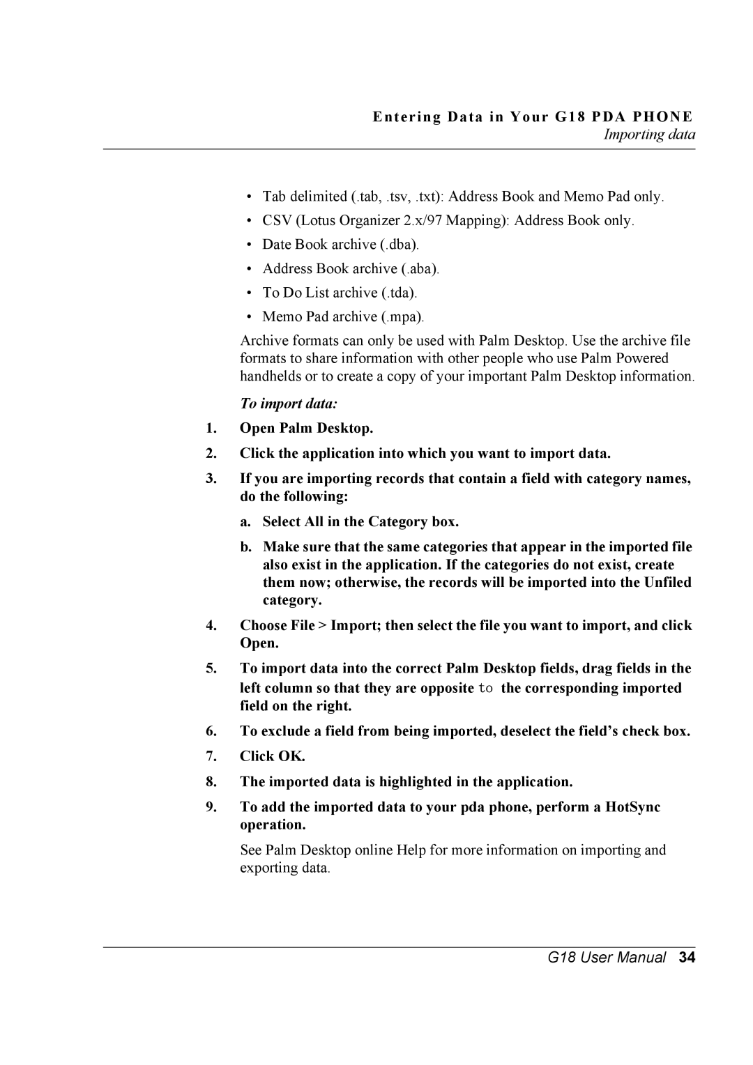 Palm G18 user manual To import data 