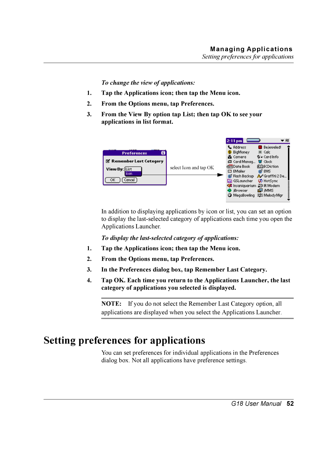 Palm G18 user manual Setting preferences for applications, To change the view of applications 