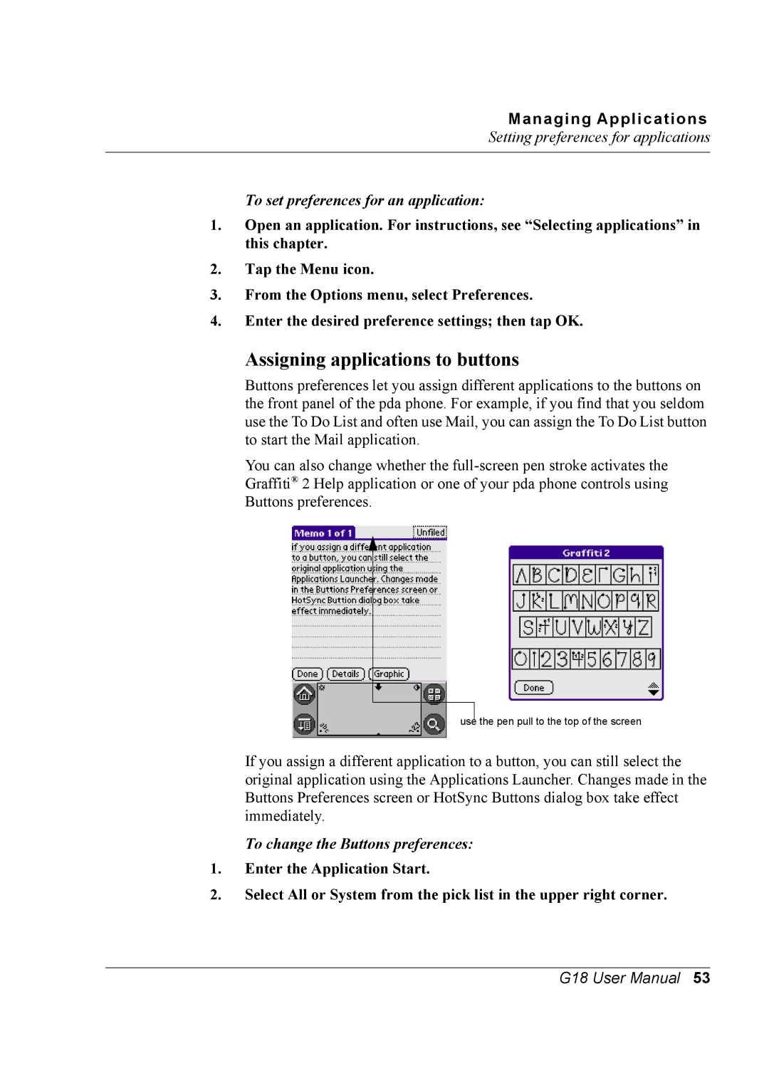 Palm G18 user manual To set preferences for an application, To change the Buttons preferences 