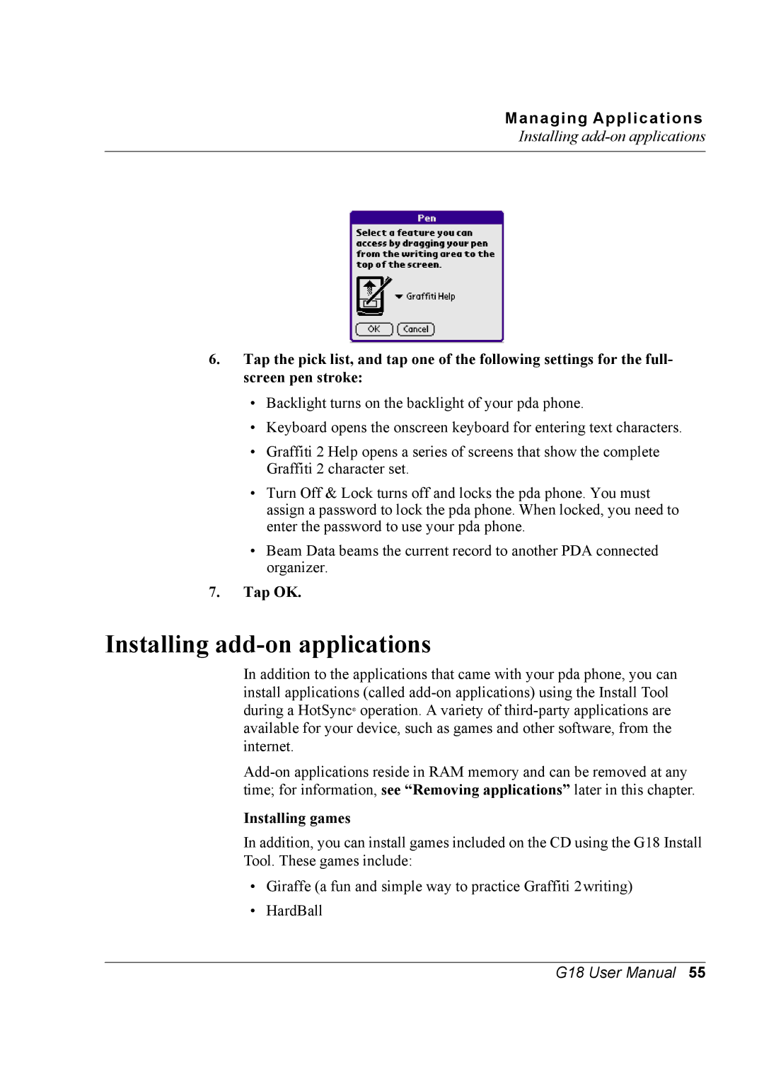 Palm G18 user manual Installing add-on applications, Installing games 