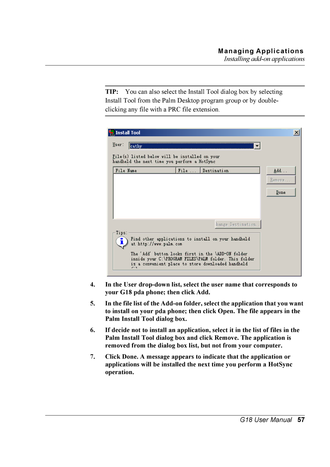 Palm G18 user manual Managing Applications 