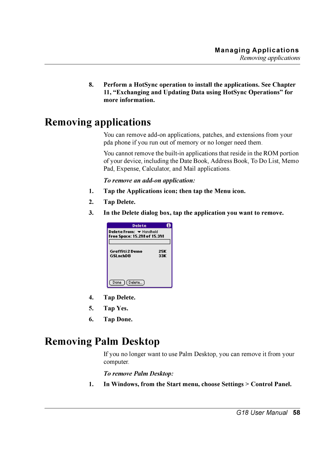 Palm G18 user manual Removing applications, Removing Palm Desktop, To remove an add-on application, To remove Palm Desktop 