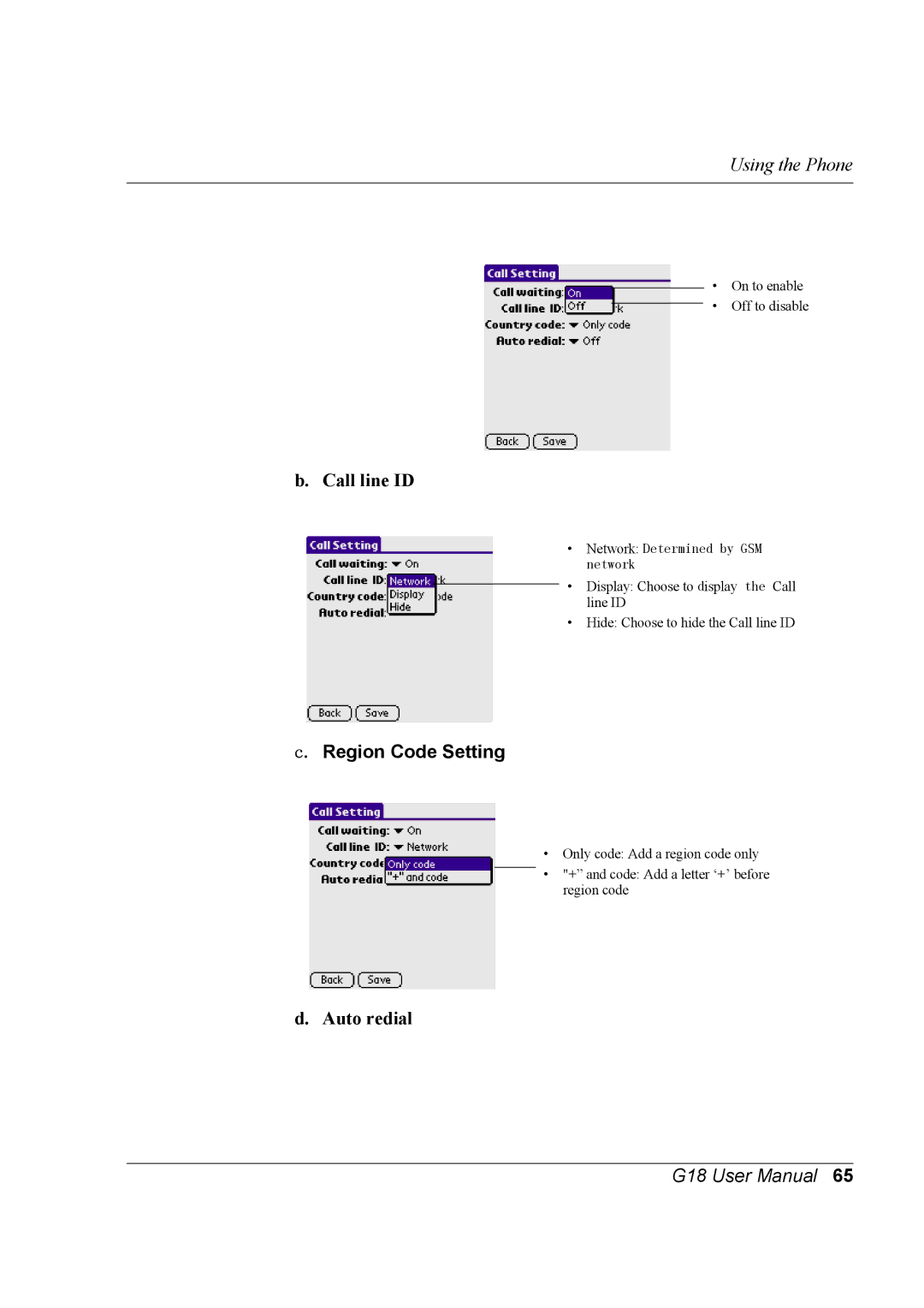 Palm G18 user manual Call line ID, Auto redial 