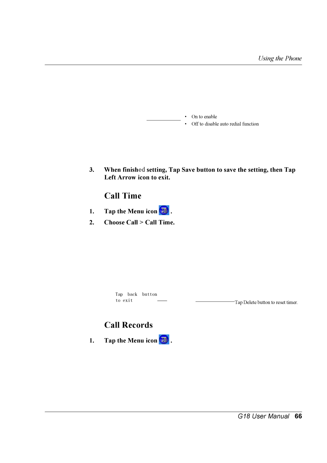 Palm G18 user manual Call Records, Tap the Menu icon Choose Call Call Time 