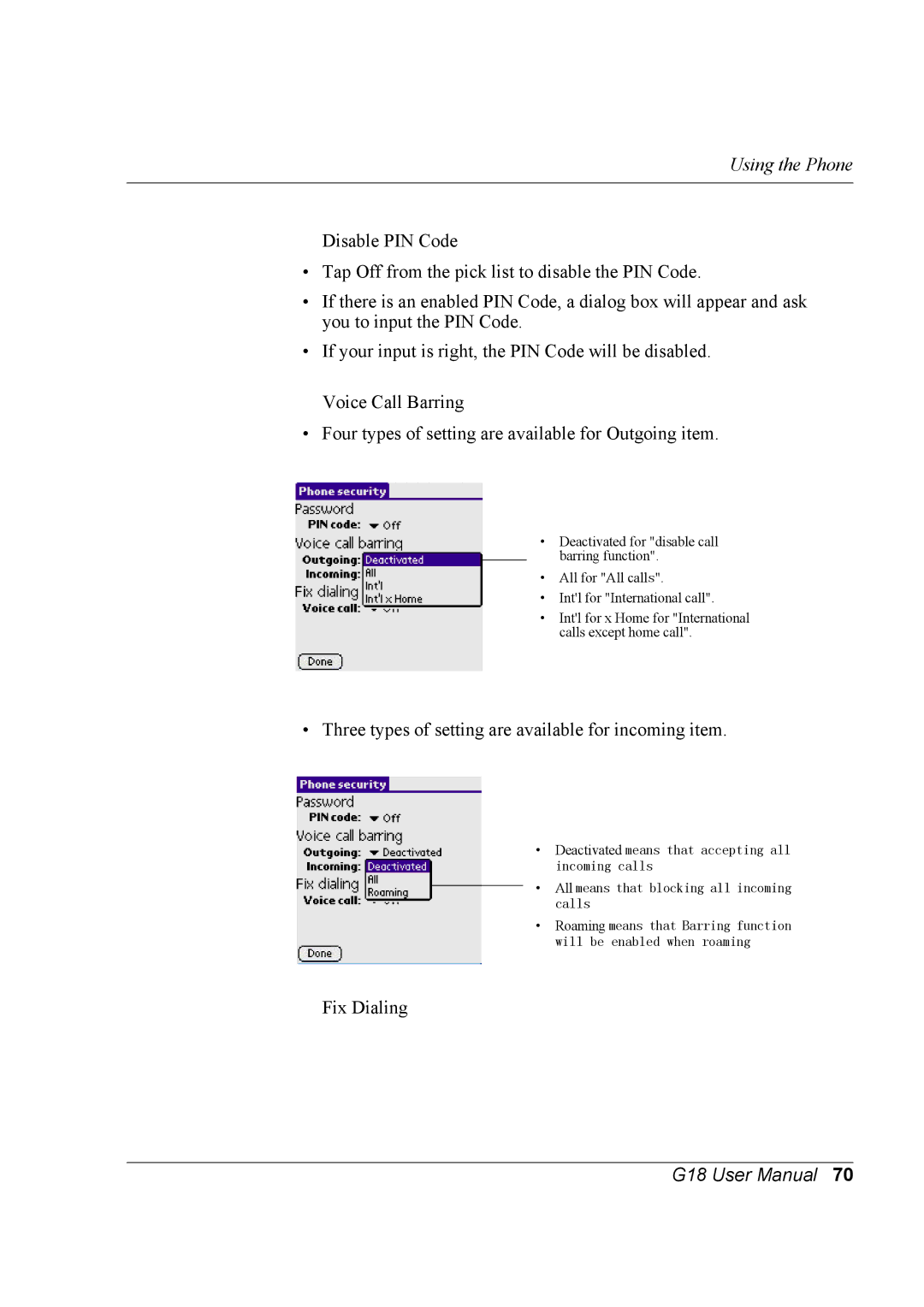 Palm G18 user manual Fix Dialing 