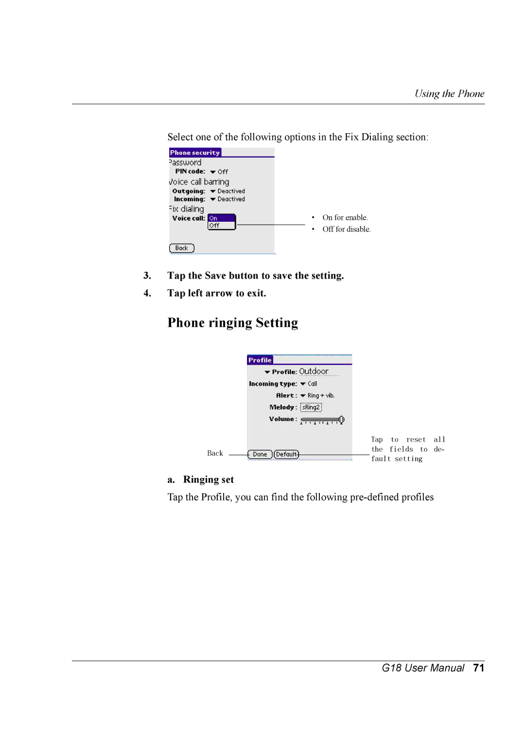Palm G18 user manual Phone ringing Setting, Ringing set 