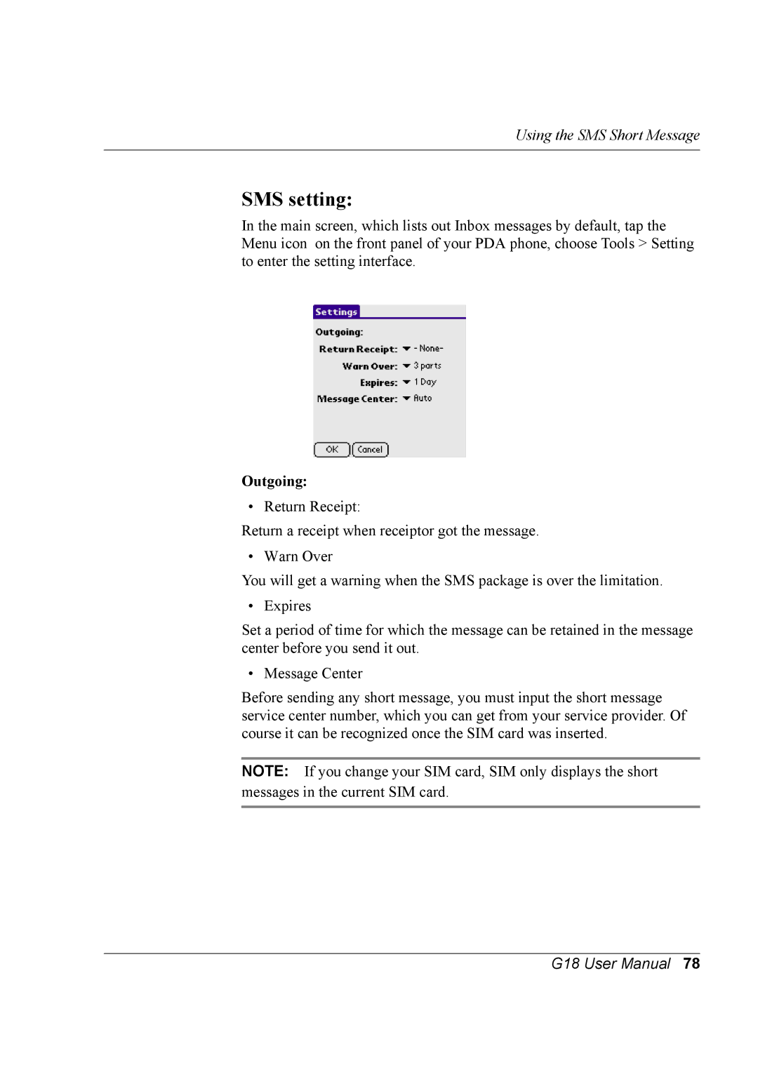 Palm G18 user manual SMS setting, Outgoing 