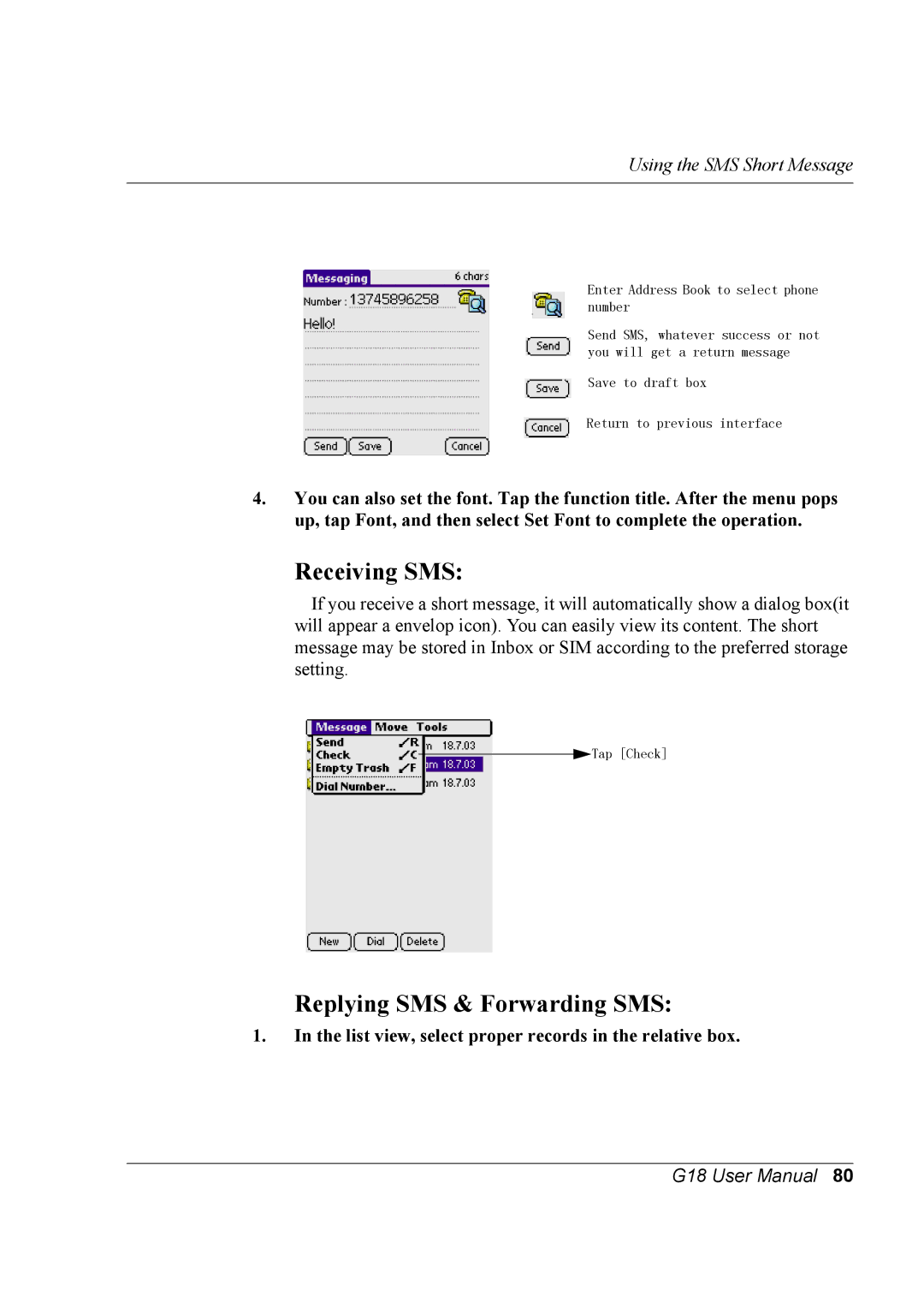 Palm G18 user manual Receiving SMS, Replying SMS & Forwarding SMS, List view, select proper records in the relative box 