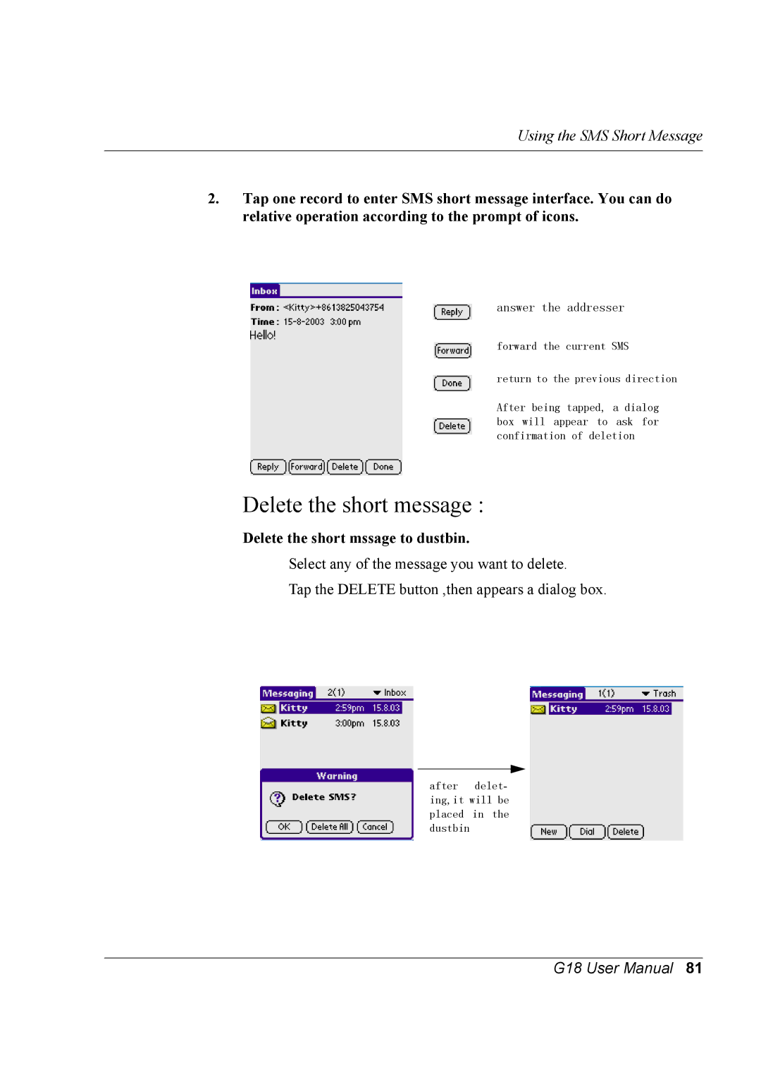 Palm G18 user manual Delete the short mssage to dustbin, Answer the addresser 