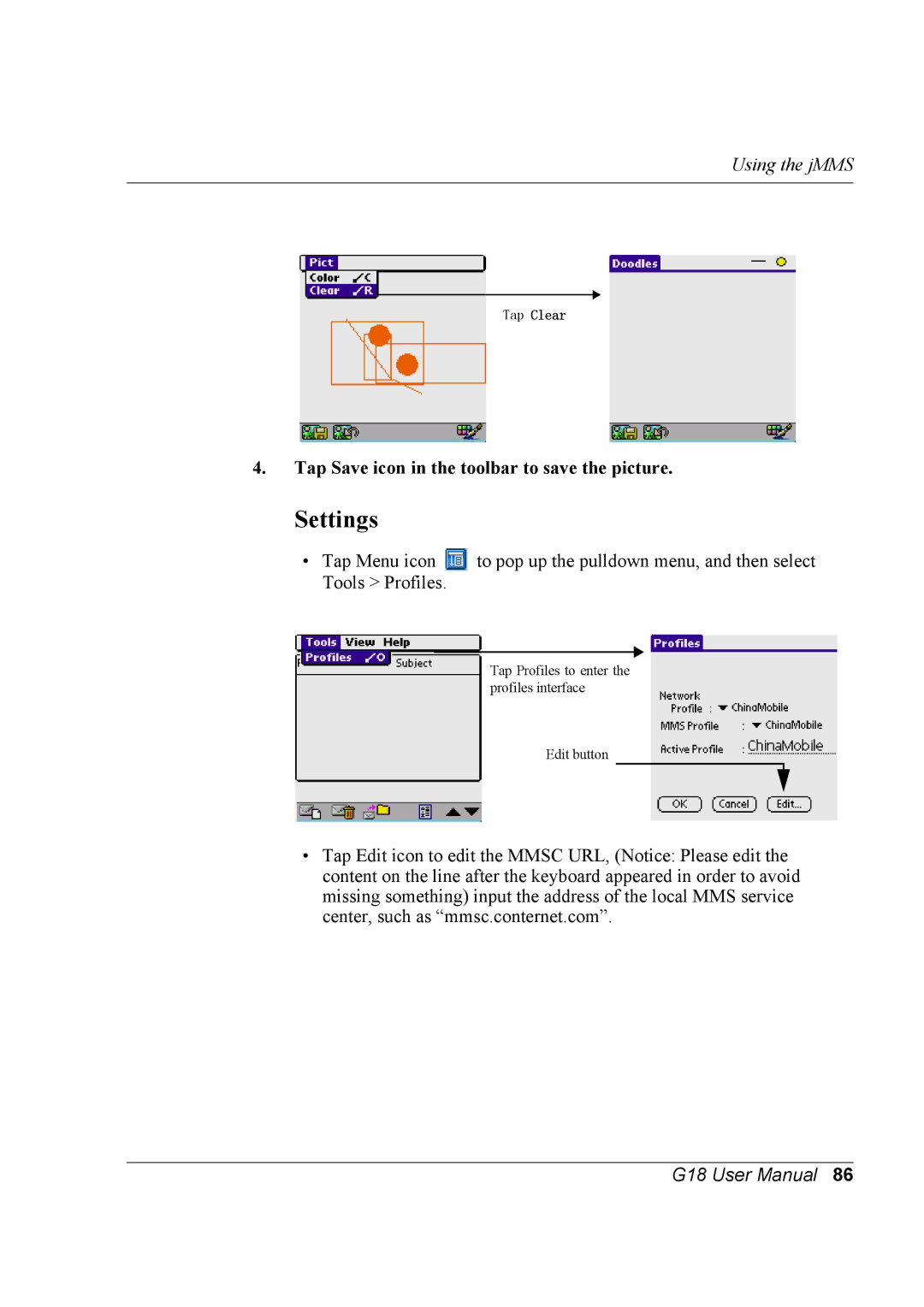 Palm G18 user manual Settings, Tap Save icon in the toolbar to save the picture 