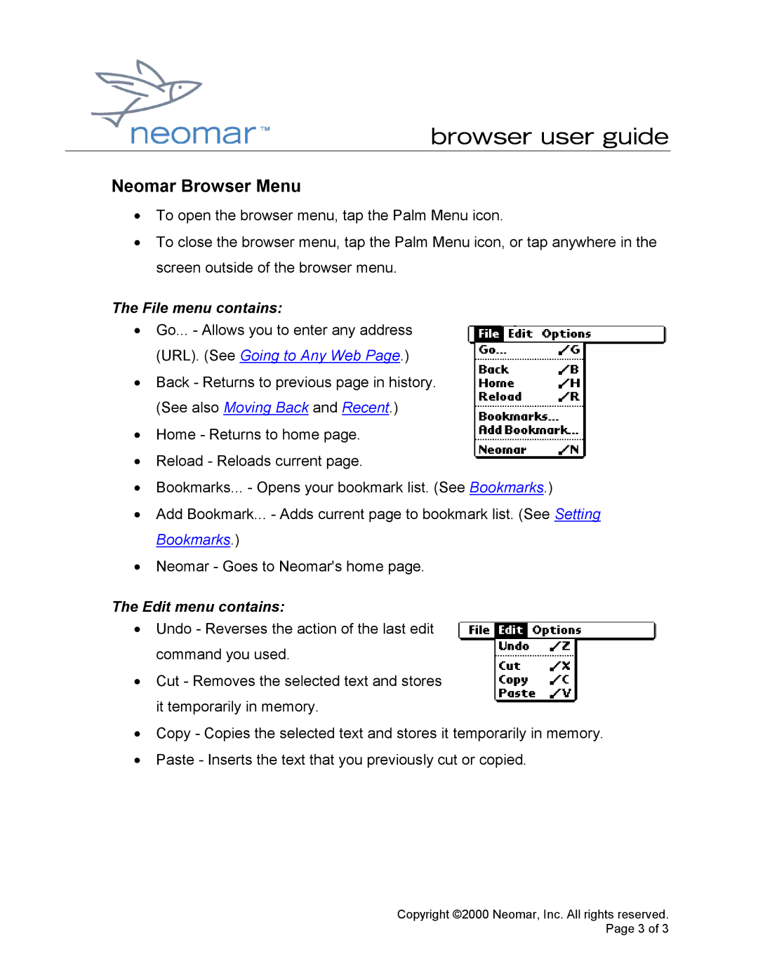 Palm handheld manual Neomar Browser Menu, File menu contains, Edit menu contains 