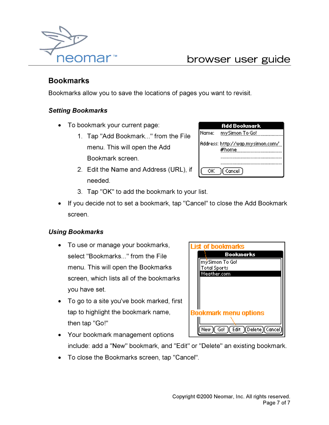 Palm handheld manual Setting Bookmarks, Using Bookmarks 