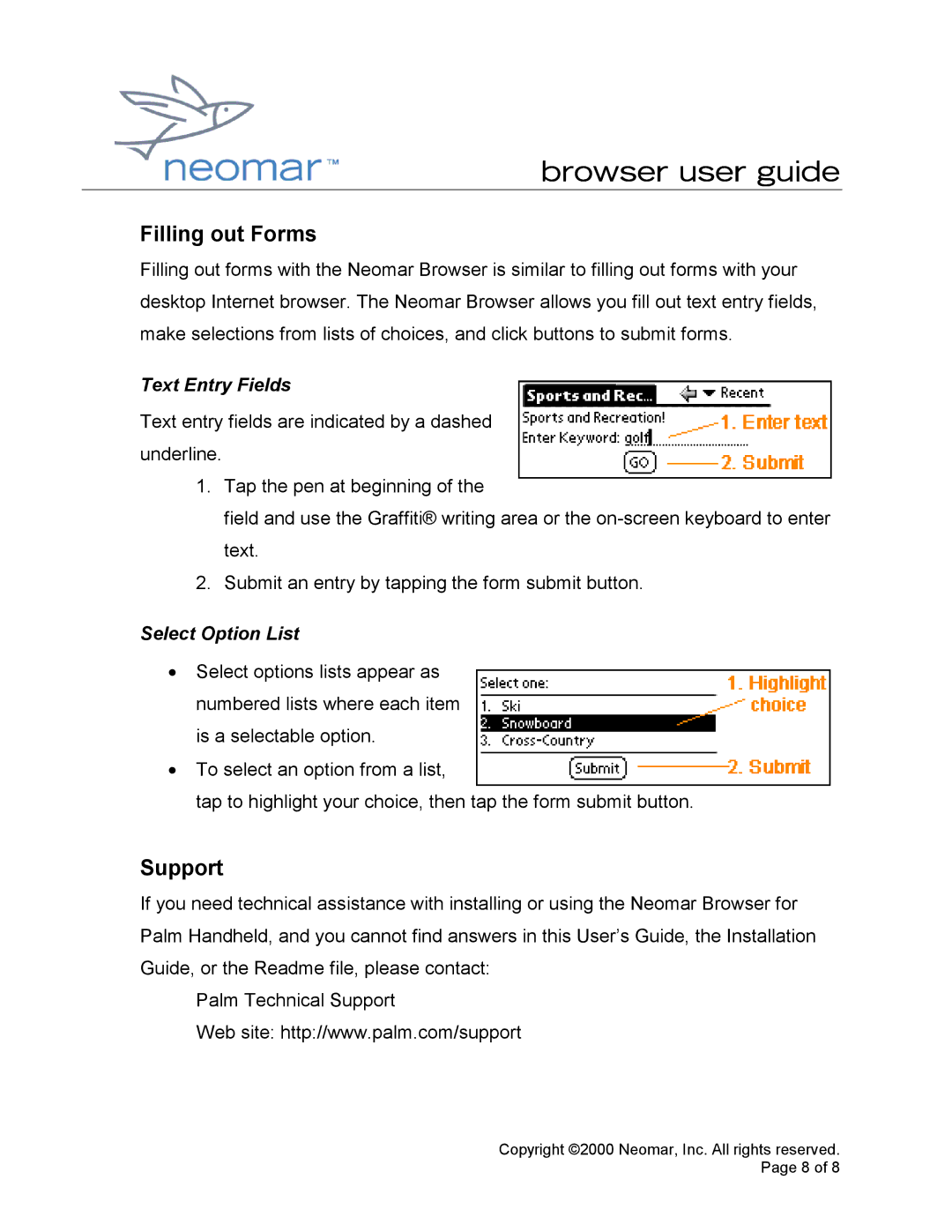 Palm handheld manual Filling out Forms, Support, Text Entry Fields, Select Option List 