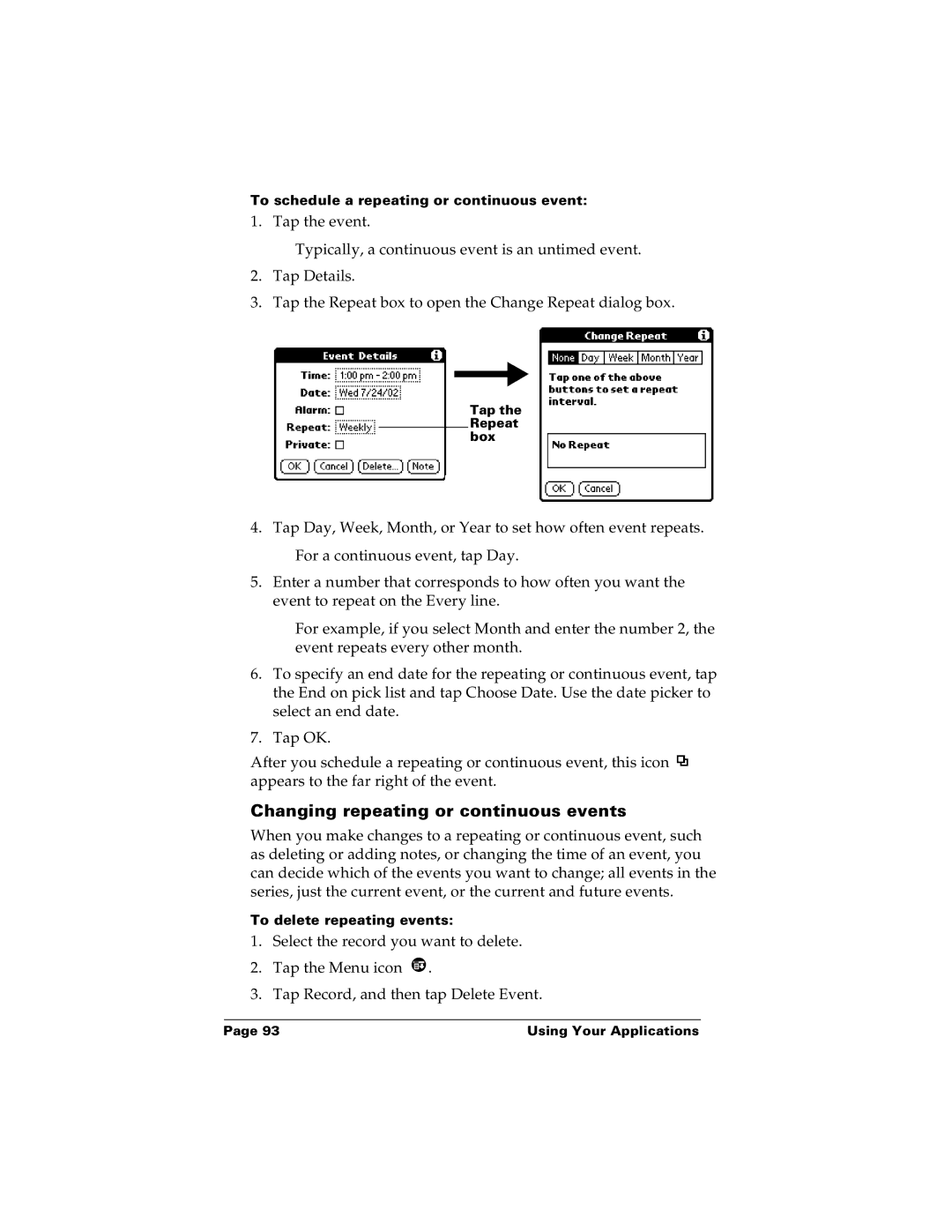 Palm m100 manual Changing repeating or continuous events 