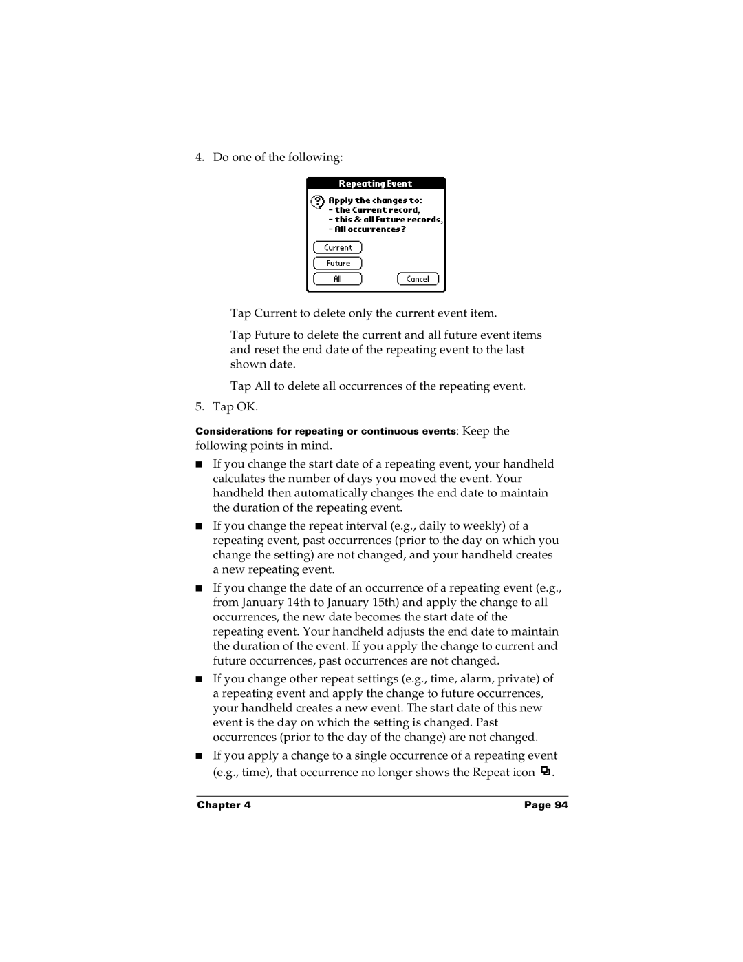 Palm m100 manual Considerations for repeating or continuous events Keep 