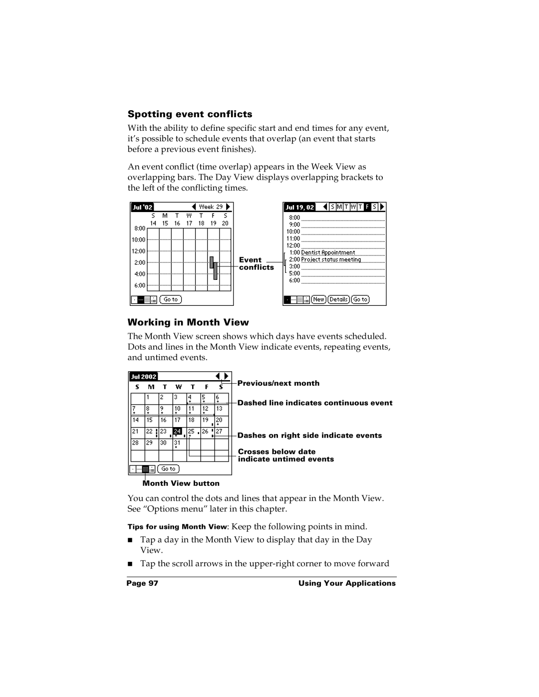 Palm m100 manual Spotting event conflicts, Working in Month View 
