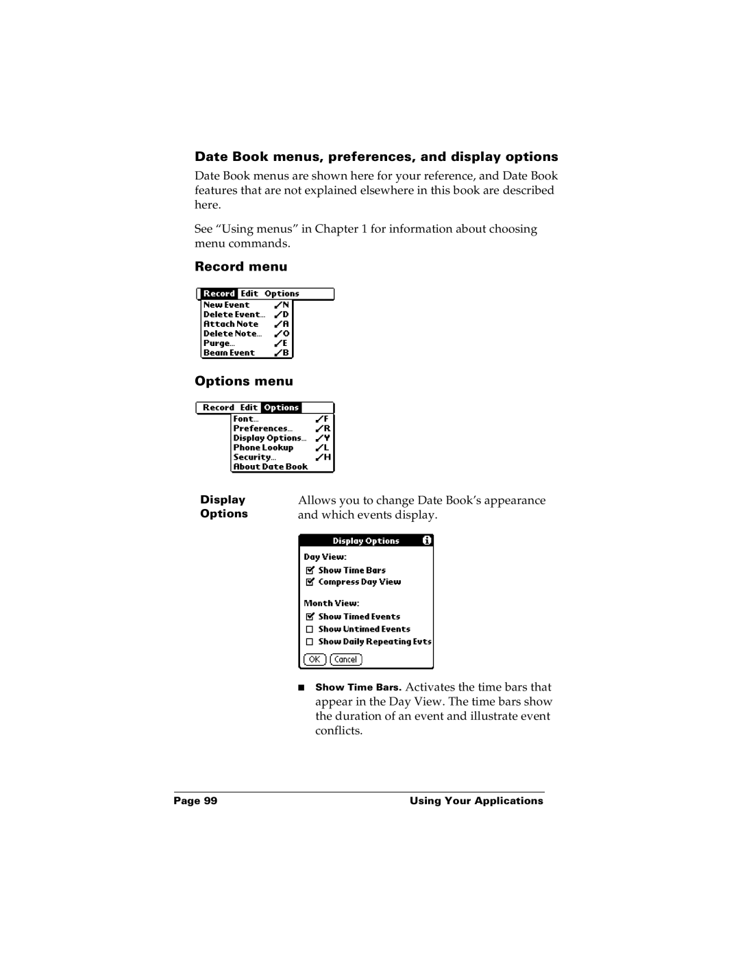 Palm m100 manual Date Book menus, preferences, and display options, Record menu Options menu 