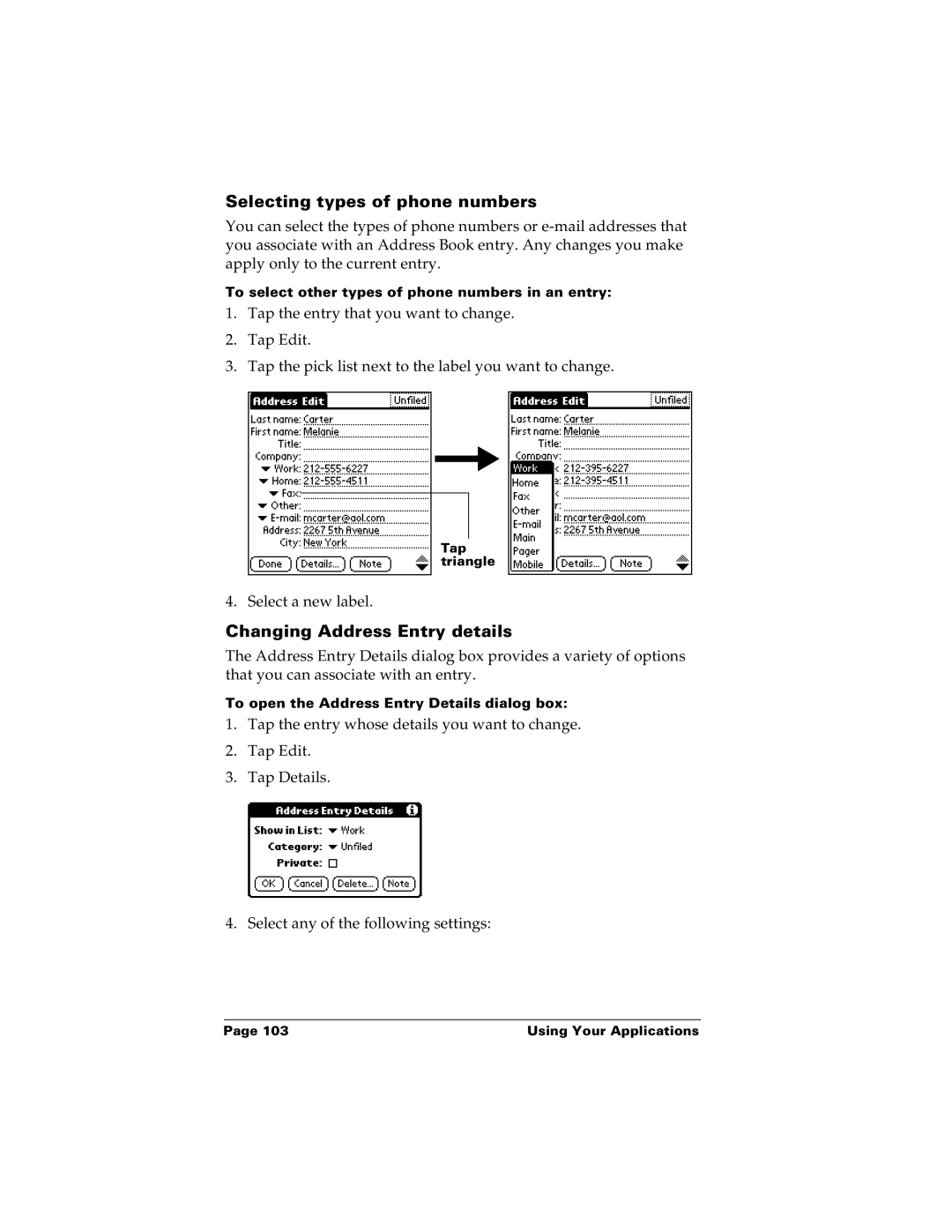 Palm m100 manual Selecting types of phone numbers, Changing Address Entry details 