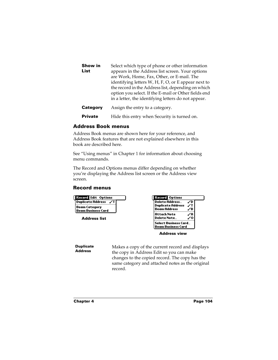 Palm m100 manual Address Book menus, Record menus 