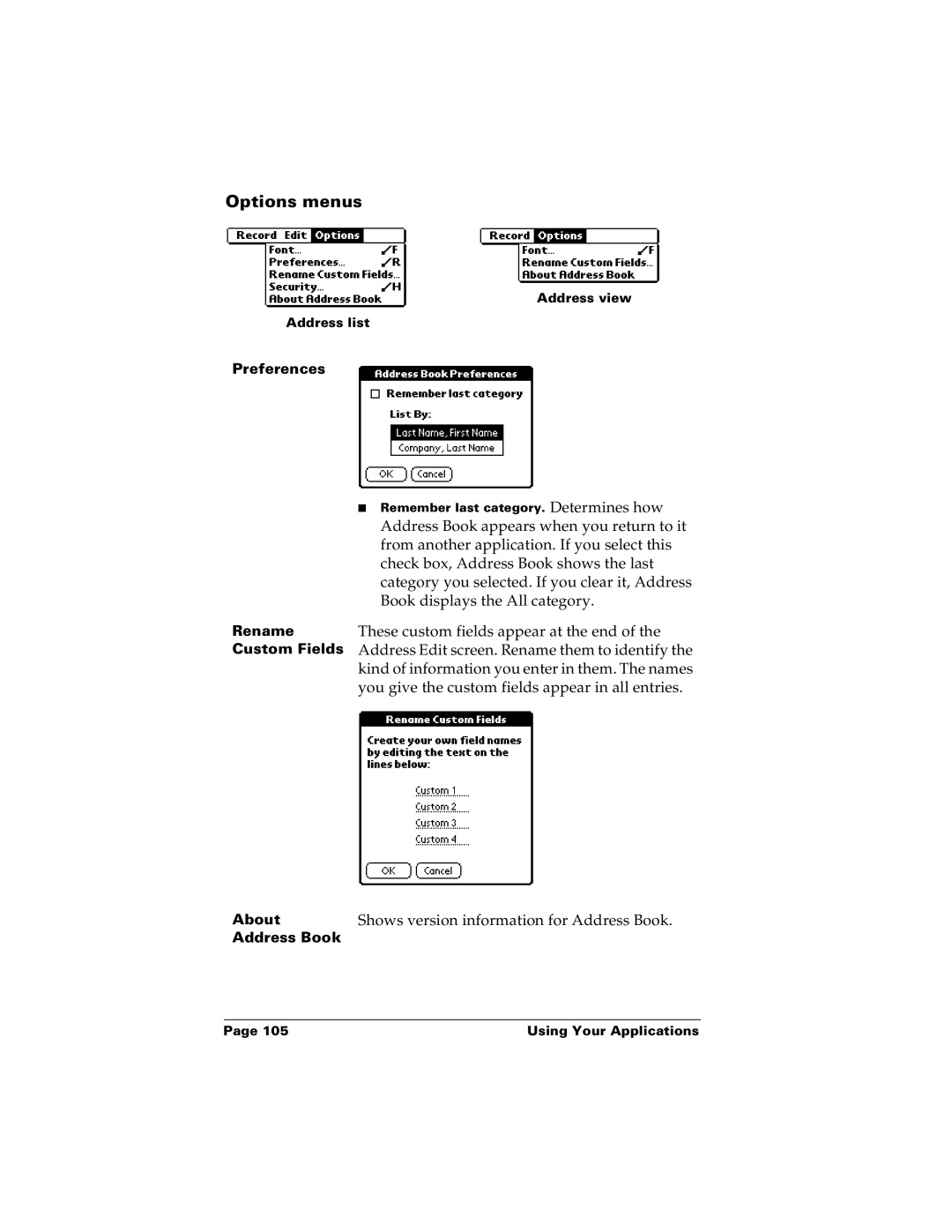 Palm m100 manual Options menus 