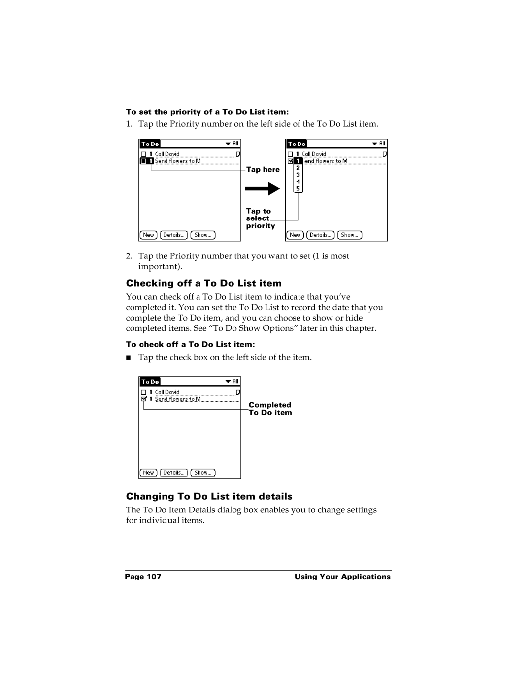 Palm m100 manual Checking off a To Do List item, Changing To Do List item details 