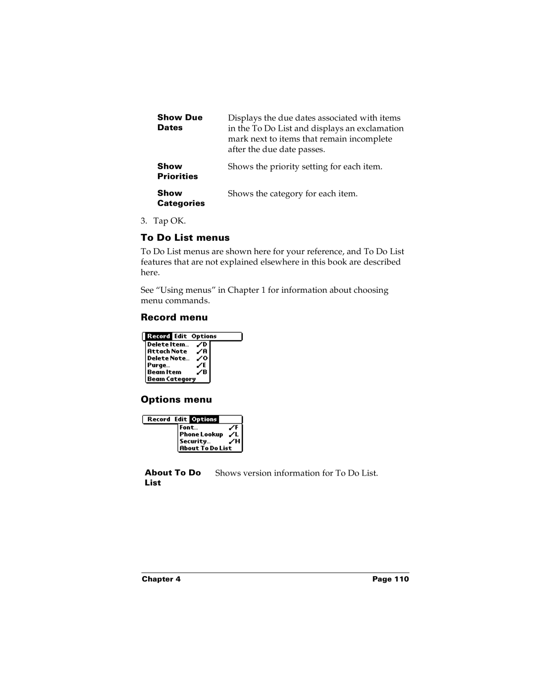 Palm m100 manual To Do List menus, Record menu Options menu 