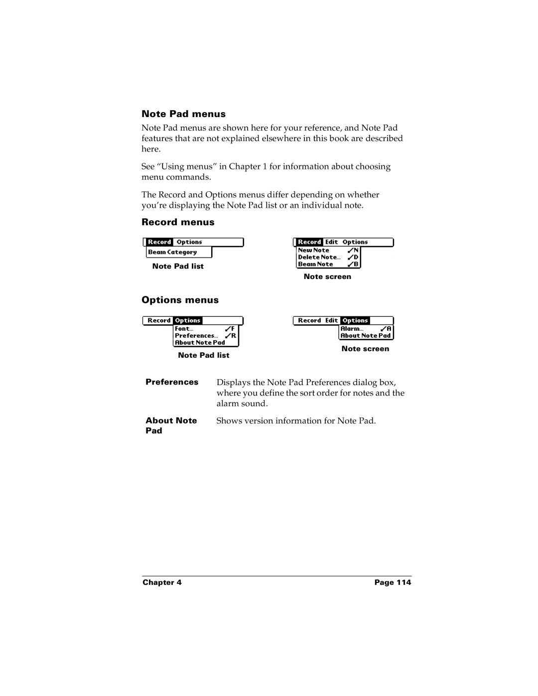 Palm m100 manual Record menus Options menus 