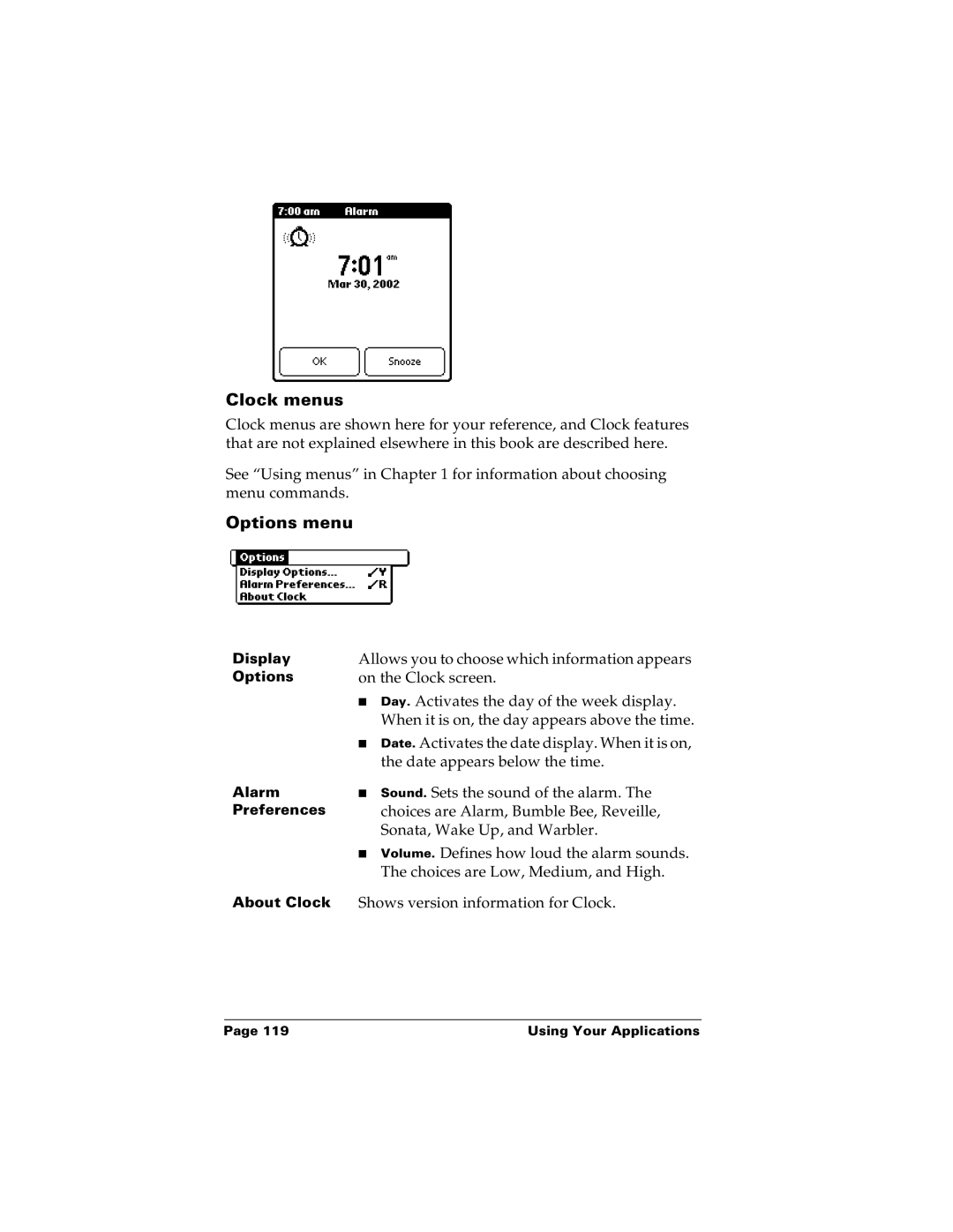 Palm m100 manual Clock menus, Options menu 