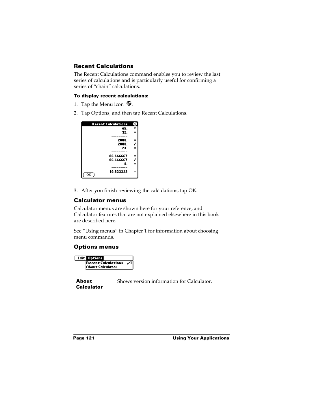 Palm m100 manual Recent Calculations, Calculator menus 