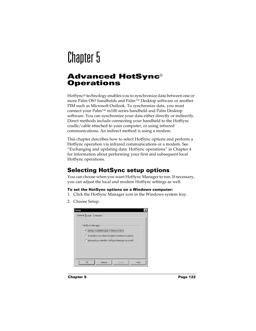 Palm m100 manual Advanced HotSync Operations, Selecting HotSync setup options 