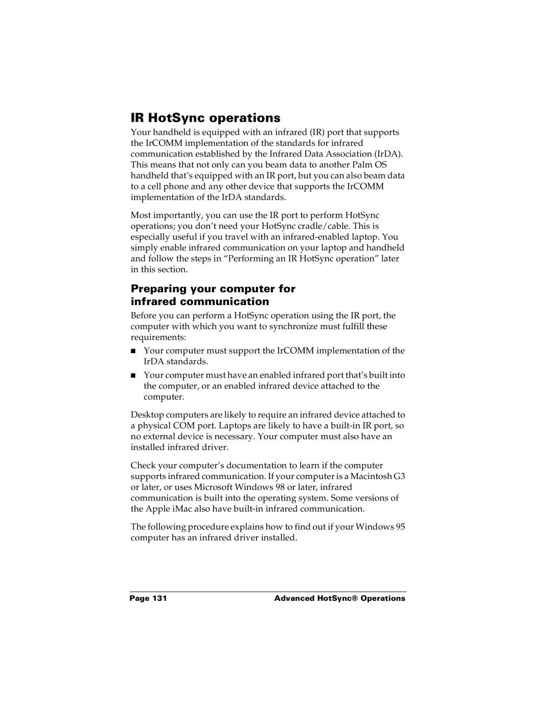 Palm m100 manual IR HotSync operations, Preparing your computer for infrared communication 