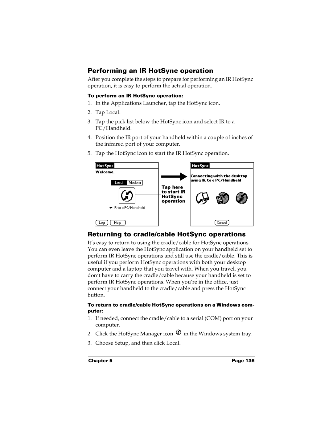 Palm m100 manual Performing an IR HotSync operation, Returning to cradle/cable HotSync operations 