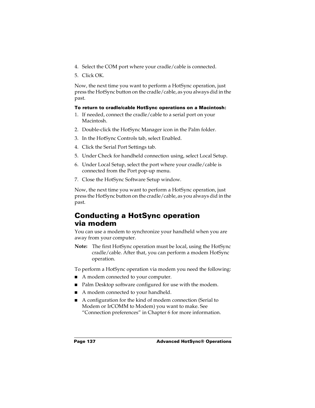 Palm m100 manual Conducting a HotSync operation via modem 