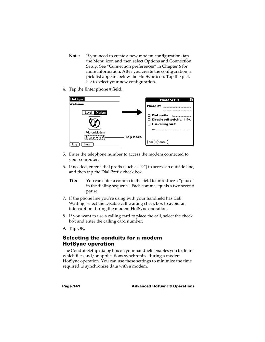 Palm m100 manual Selecting the conduits for a modem HotSync operation 