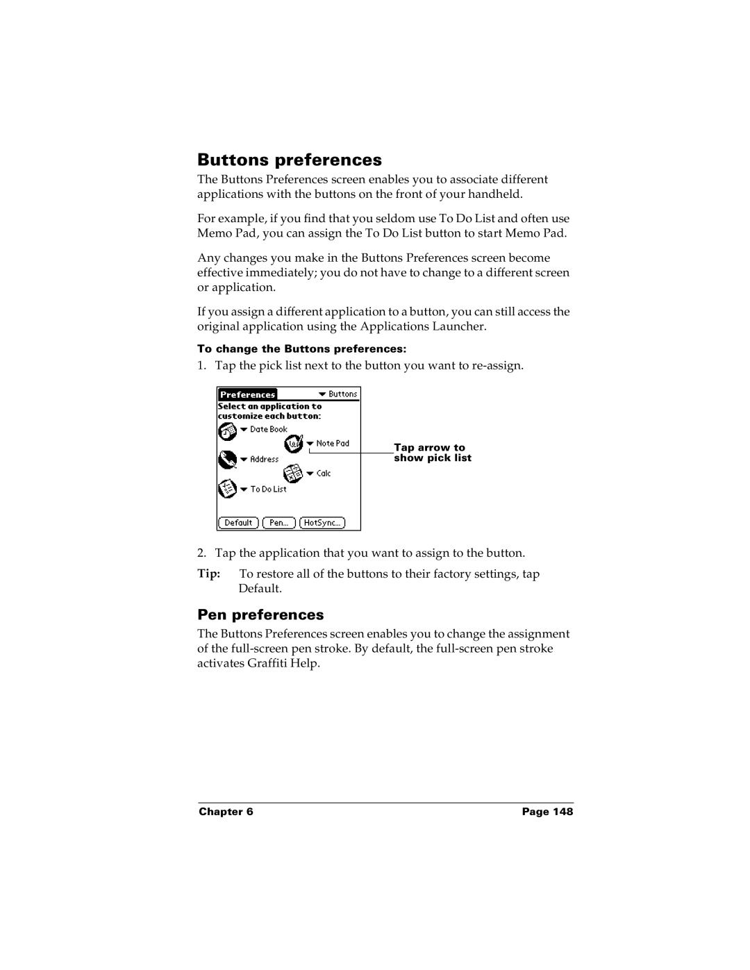 Palm m100 manual Buttons preferences, Pen preferences 