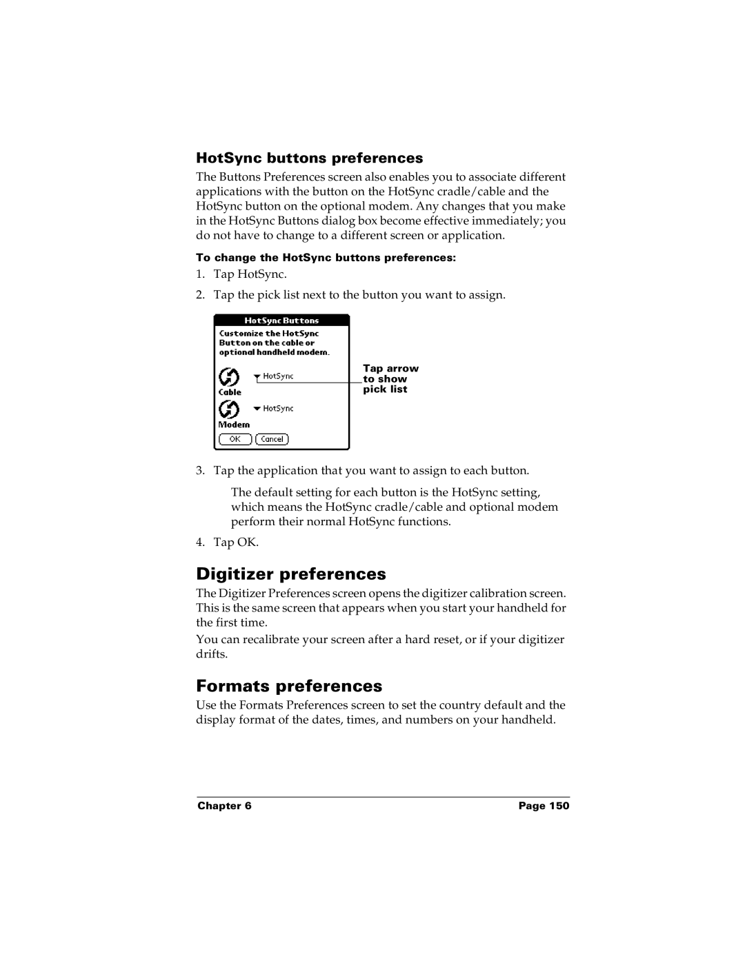 Palm m100 manual Digitizer preferences, Formats preferences, HotSync buttons preferences 