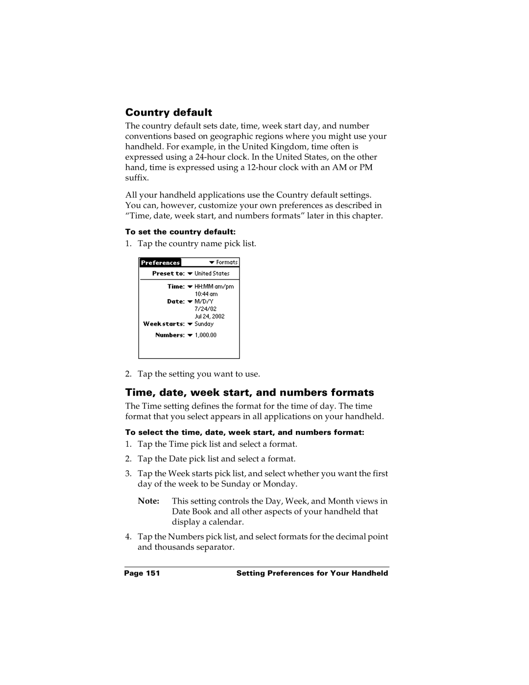 Palm m100 manual Country default, Time, date, week start, and numbers formats 