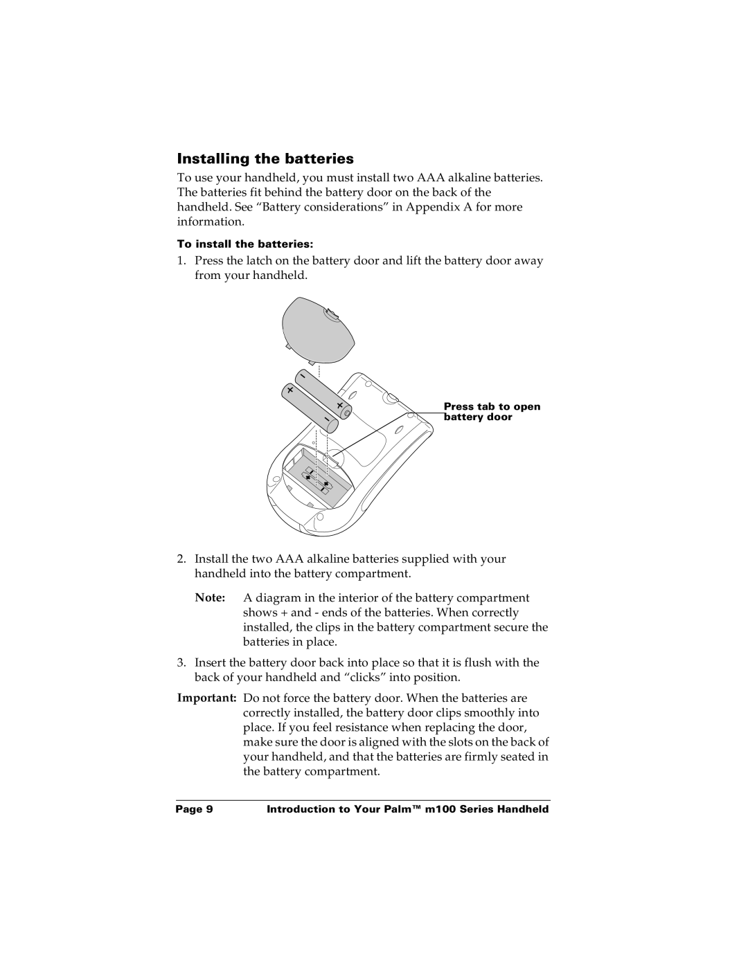 Palm m100 manual Installing the batteries 