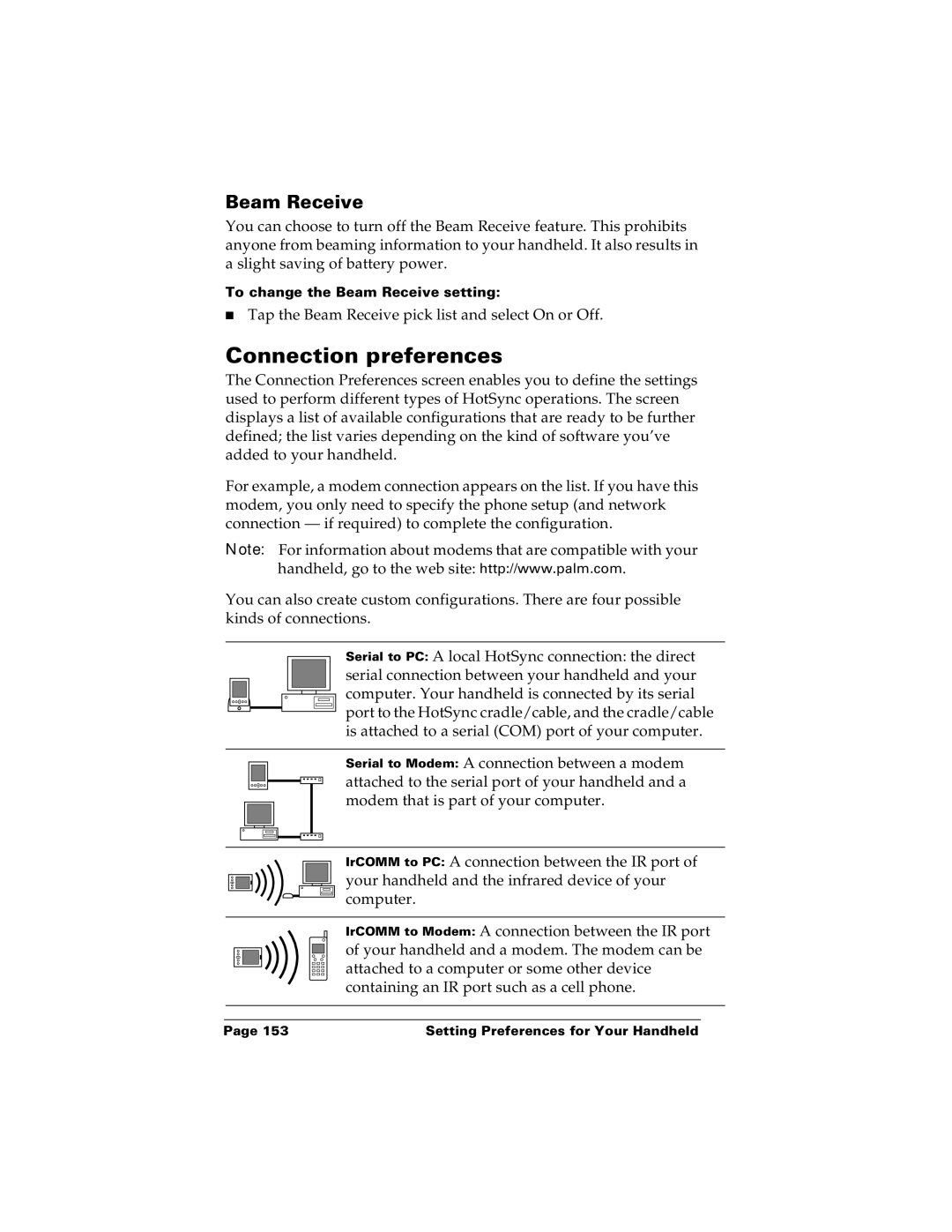 Palm m100 manual Connection preferences, Beam Receive 