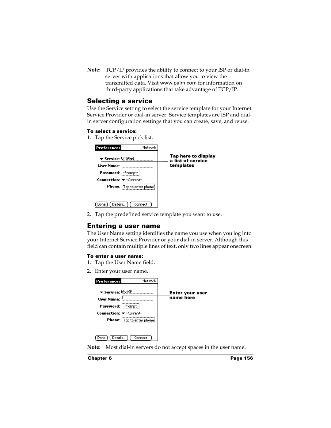 Palm m100 manual Selecting a service, Entering a user name 