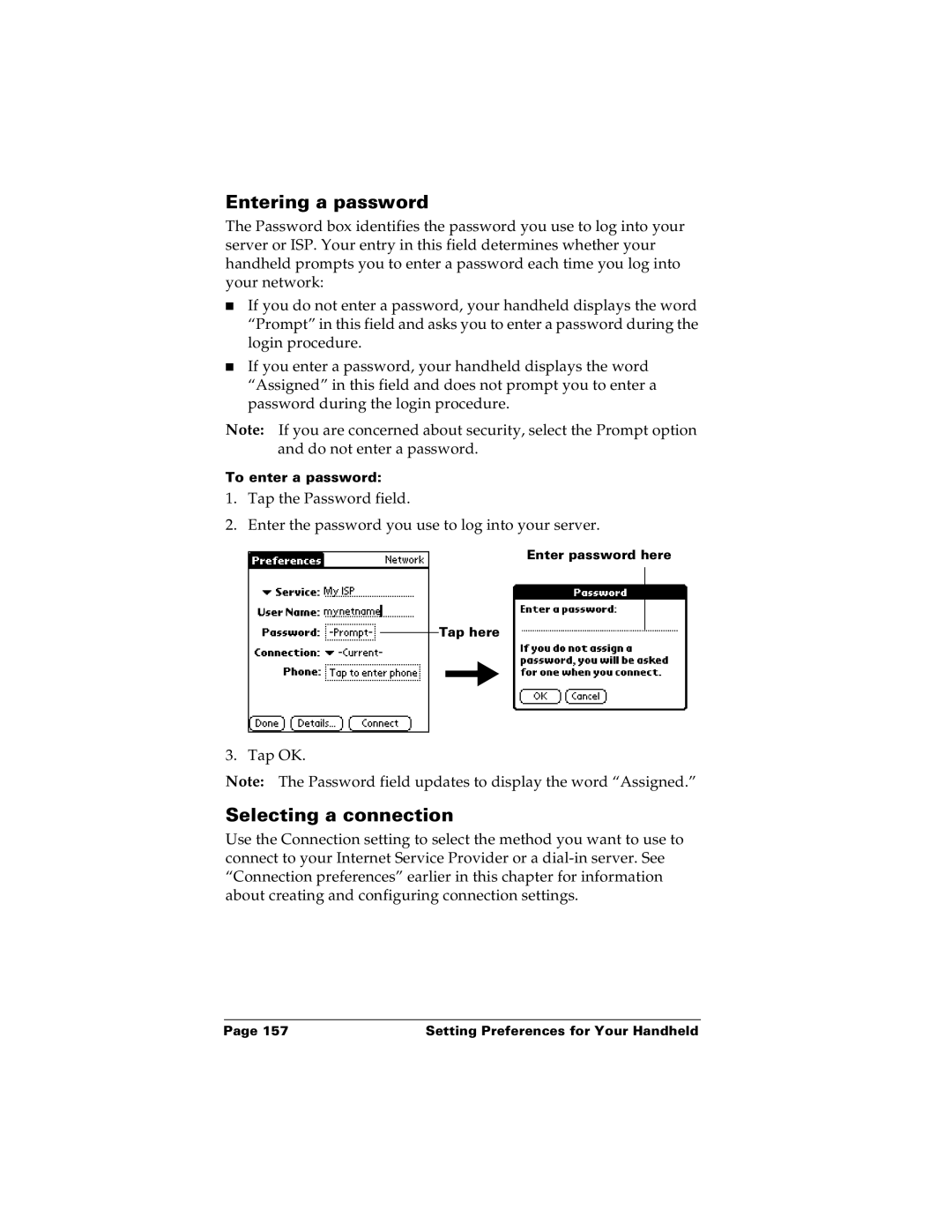 Palm m100 manual Entering a password, Selecting a connection 