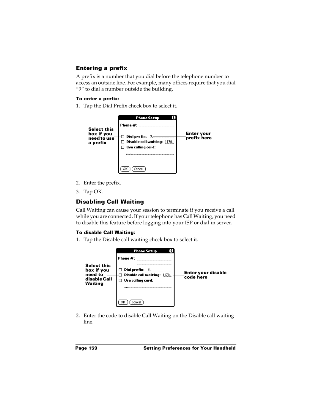 Palm m100 manual Entering a prefix, Disabling Call Waiting 