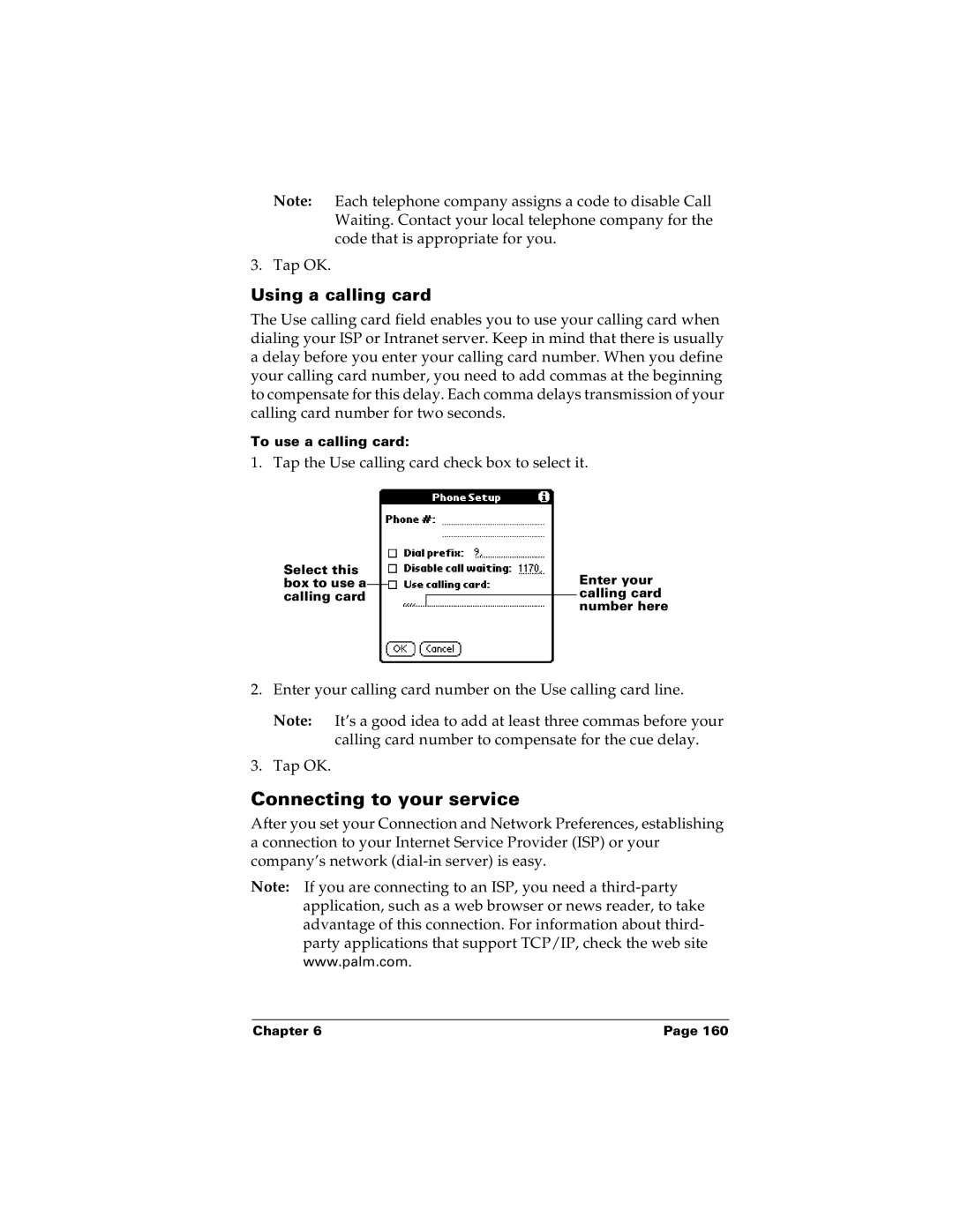 Palm m100 manual Connecting to your service, Using a calling card 