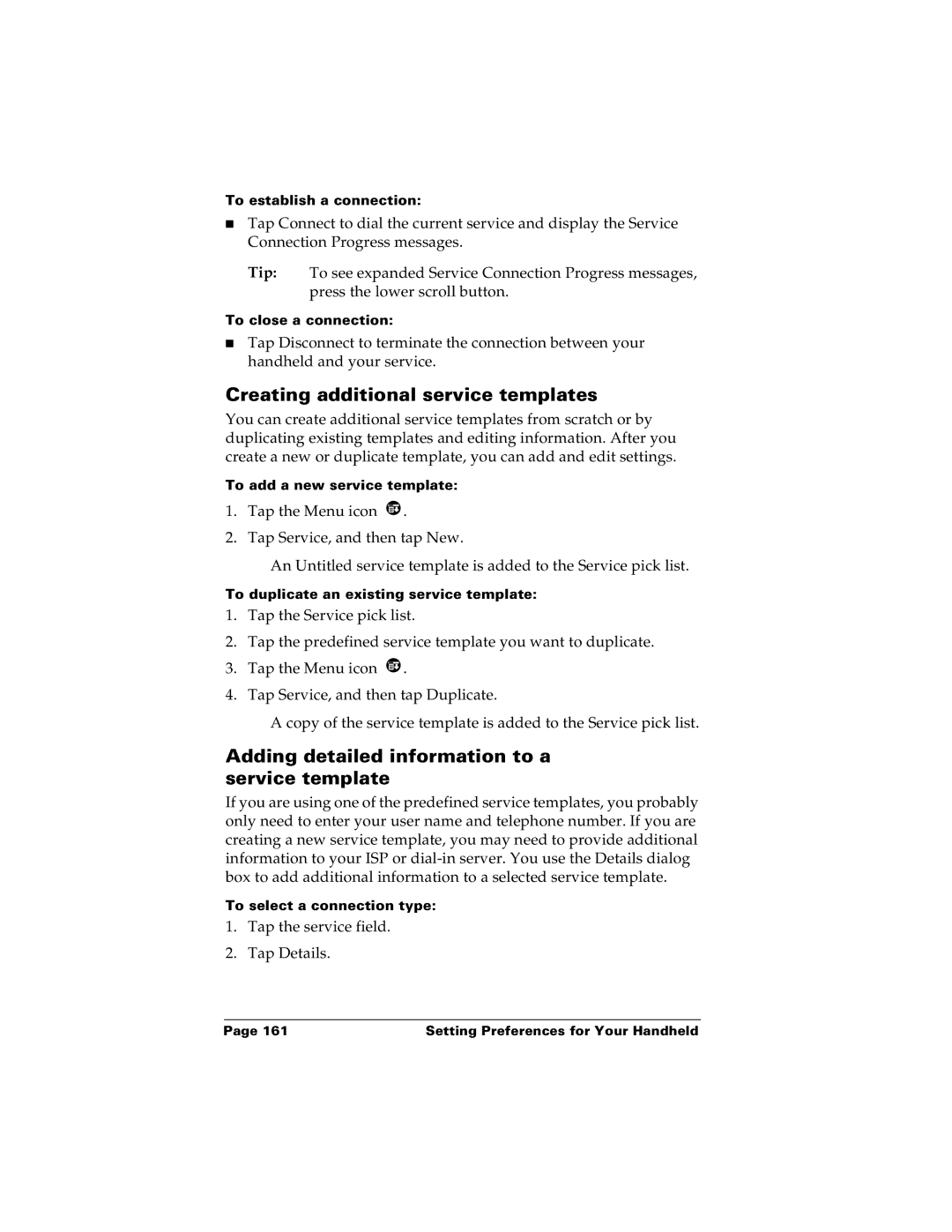 Palm m100 manual Creating additional service templates, Adding detailed information to a service template 