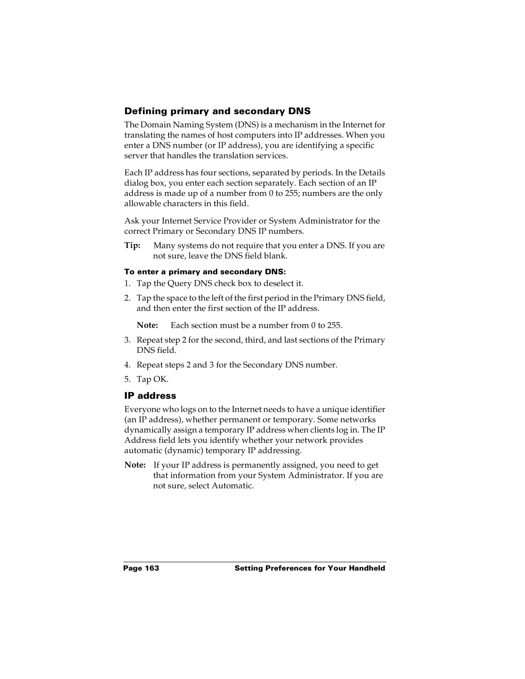 Palm m100 manual Defining primary and secondary DNS, IP address 