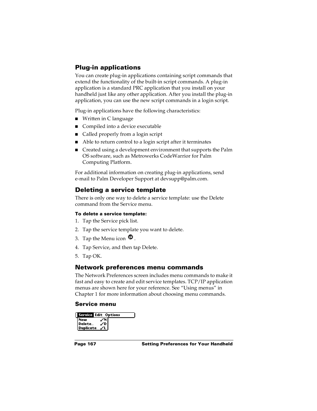 Palm m100 manual Plug-in applications, Deleting a service template, Network preferences menu commands, Service menu 