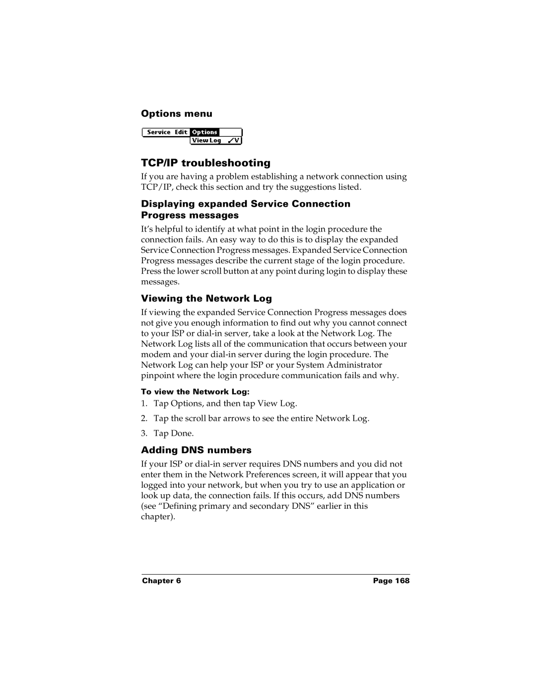 Palm m100 manual TCP/IP troubleshooting, Displaying expanded Service Connection Progress messages, Viewing the Network Log 