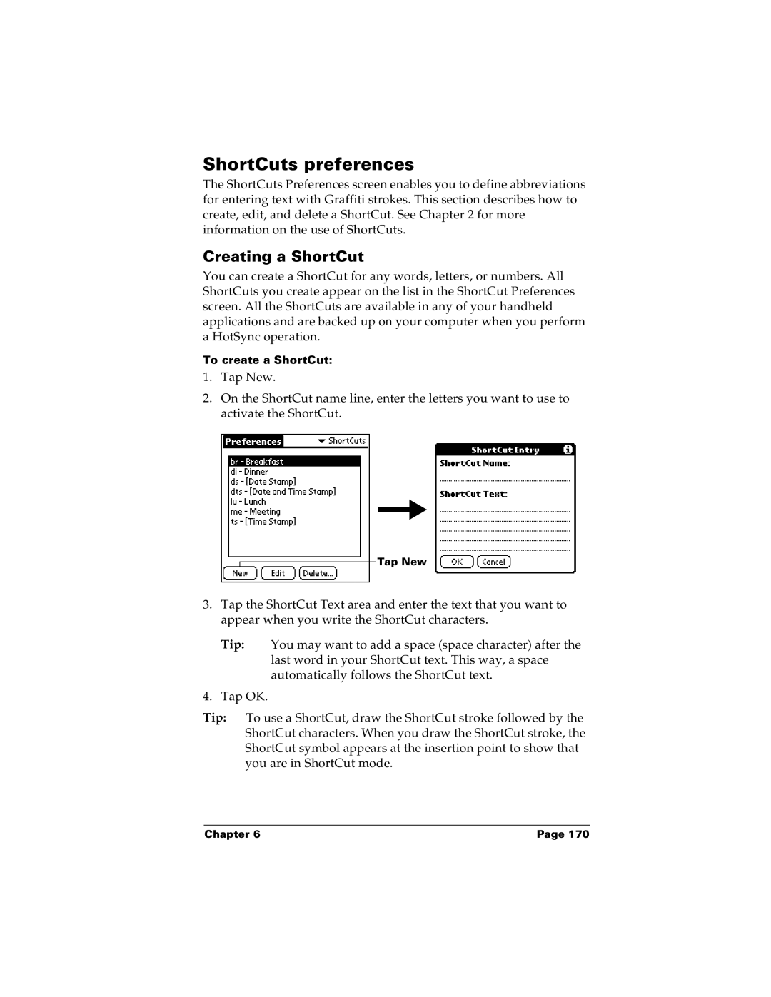 Palm m100 manual ShortCuts preferences, Creating a ShortCut 